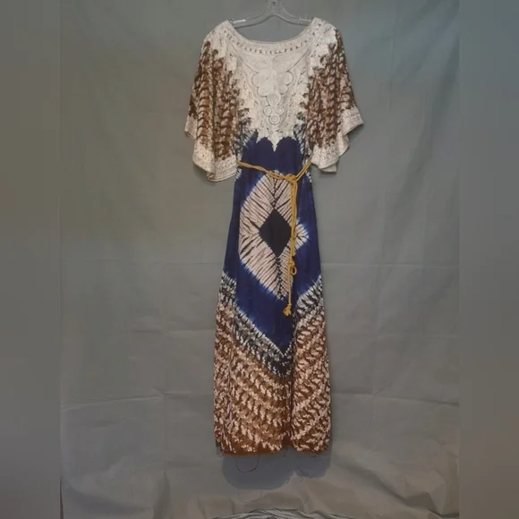 Vintage 70s Afro-centric heirloom robe wax print embroidered maxi length caftan - Picture 6 of 15